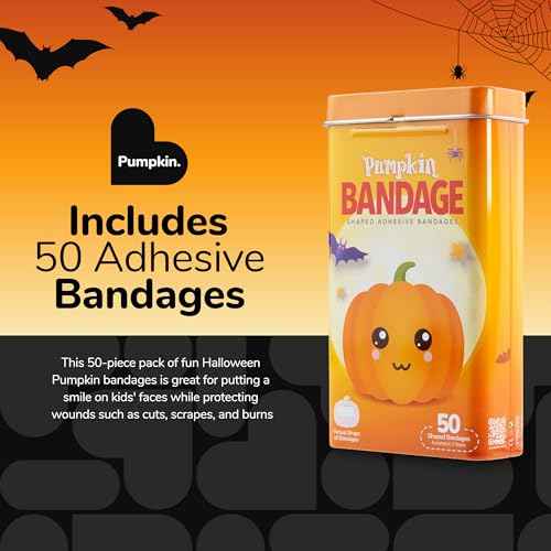BioSwiss Kids Bandages, Halloween Pumpkin Shaped Self Adhesive Bandage Set, Latex Free, Sterile Wound Care, 50 Count