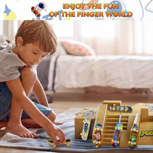 Fingerboard Skate Park Kit - Finger Skateboard Ramp Set with 8 Skatepark Deck Ramp and 4 Finger Skateboards, Astronaut Customization Fingerboard Skatepark for Boys Girls Gift