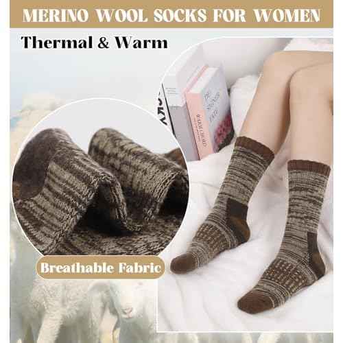 Justay 4 Pairs Merino Wool Socks for Women, Hiking Thermal Warm Winter Cozy Thick Boot Socks for Women Gifts