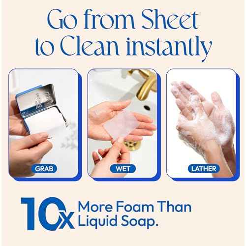 FOMIN - Antibacterial Paper Soap Sheets Tin for Traveling - (100 Sheets) Fragrance Free Portable Travel Hand Soap Sheet, Dissolvable Mini Camping Hand Soap for Hand Washing
