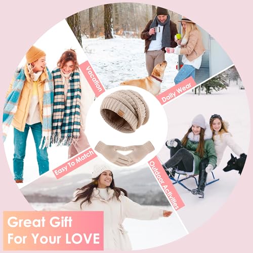 Women's Beanie Hat Gloves Set, Fleece Lined Winter Hat with Touchscreen Gloves for Cold Weather