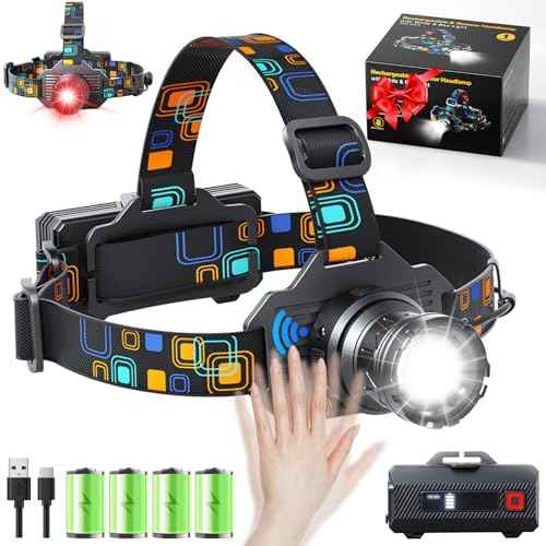 Headlamp Rechargeable, Bright LED Head Lamp with White Red Light, LED Headlamp Motion Sensor 90¡Æ Adjustable Zoomable 6 Modes Head Lights for Forehead for Adults Running Hunting Camping Hiking Fishing