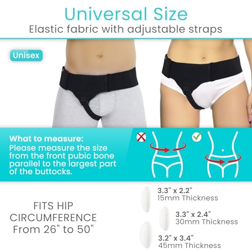 Vive Inguinal Hernia Belt for Men & Women - Left or Right Groin Support Truss for Targeted Compression, Pain Relief, Comfort, Pre & Post Surgery, Injury Recovery - 3 Removable Pressure Pads and Splint (Black)