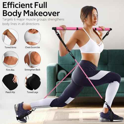 Pilates Bar Kit with Resistance Bands, Multifunctional Pilates Bar for Women & Men with Heavy-Duty Metal Adjustment Buckle, Pilates Home Equipment for Full BodyWorkouts