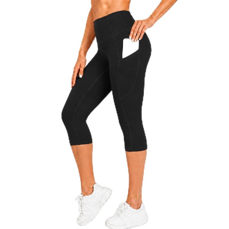 Match Women's Tummy Control High Waisted Active Yoga Pants with Pockets Buttery Soft Workout Leggings (Capris Black, Large)