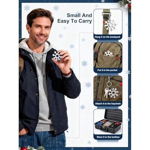 Christmas Gifts for Men 2025 - Stocking Stuffers for Him,18-in-1 Snowflake Multi Tool 2 Pack,Stainless Steel Multitool with Carabiner & Bottle Opener,Holiday Gift for Dad,Husband,Brother(Silver+Black)