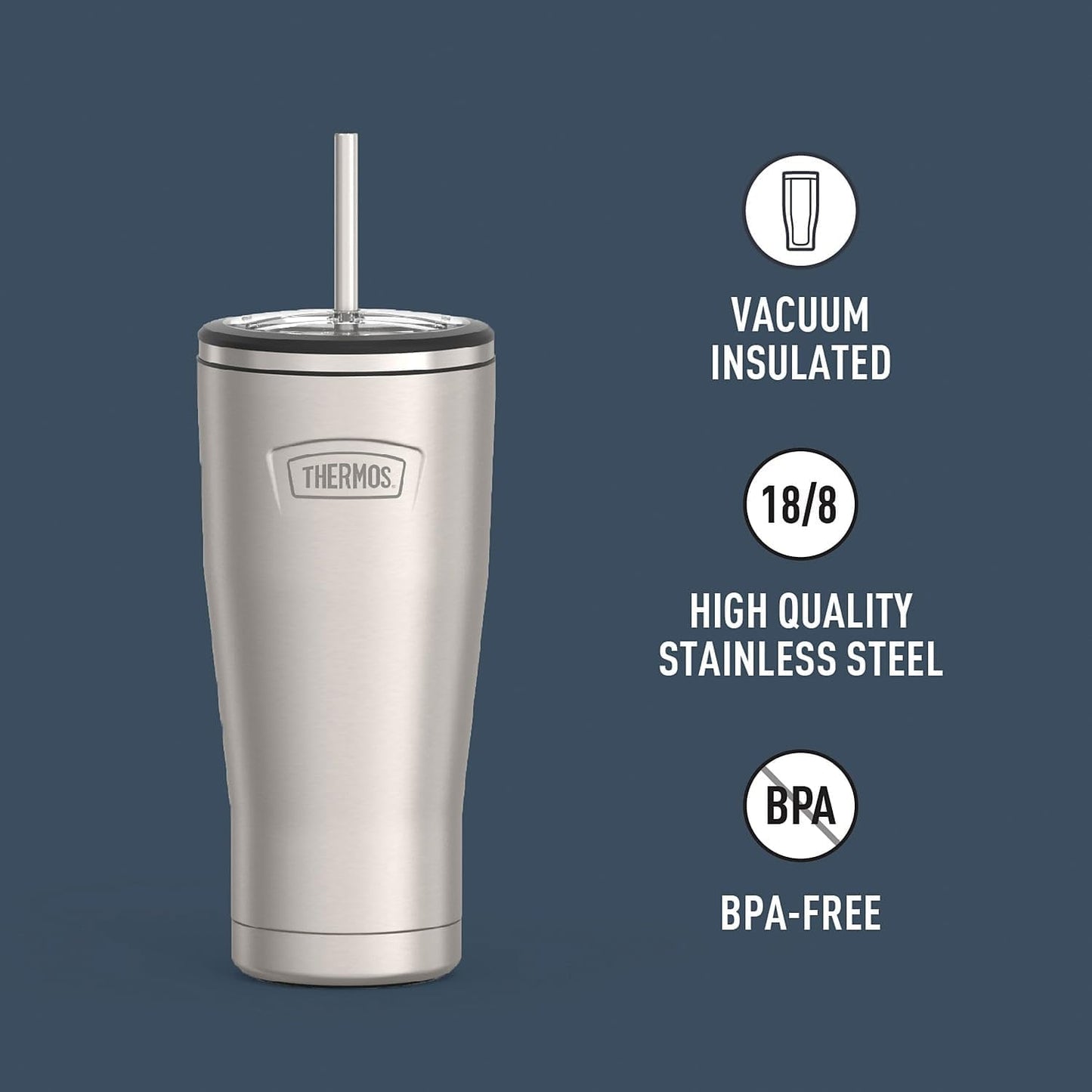 THERMOS Icon Series Stainless Steel Cold Tumbler - 24 Ounce, Vacuum Insulated with Lid & Straw