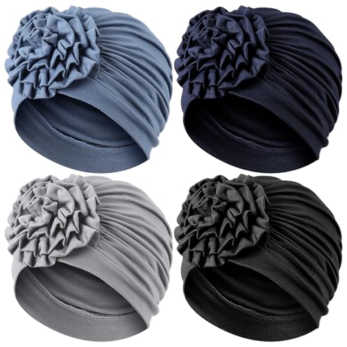 JenPen 4 Pcs Chemo Turban Headwear for Women Soft Cancer Cap Flower Turban Elastic Head Wrap for Cancer Patients Hair Loss