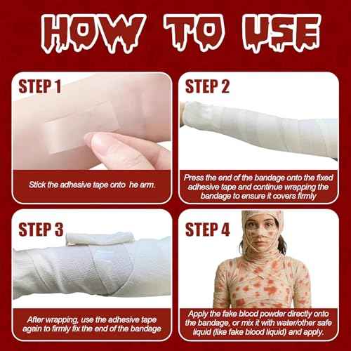 Halloween Mummy Wrap Costumes, 60 Yards 12 Rolls Mummy Wrapping Cloth, Mummy Gauze, Mummy Bandages for Cosplay Zombie, Halloween Costume Accessories with Fake Blood Powder(Small Size for Women, Youth)