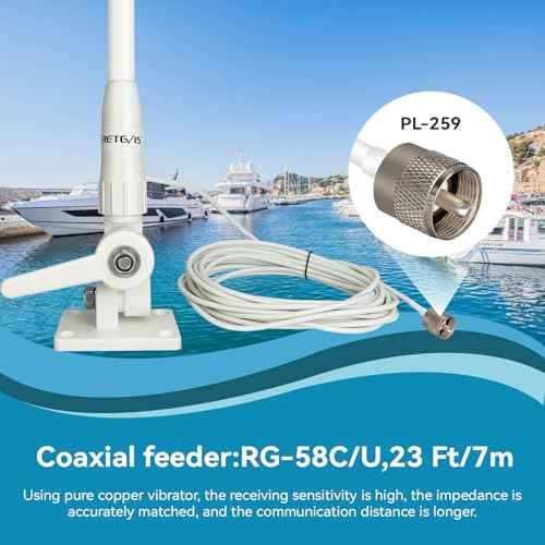 Retevis MA06 VHF Marine Antenna, 3.5dBi Fiberglass Waterproof Boat Antenna, 23 Ft/7 m RG-58 Coaxial Cable with PL-259 Connector Ratchet Mount, for Retevis RA27 RM20 VHF Marine Radio, 43.3Inch (1 Pack)