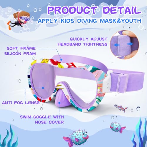 Kids Swim Goggles with Nose Cover, 180¡Æ Panoramic Snorkel Mask with Anti-Fog & Anti-Leak Design, Comfort Fabric Strap UV Protection Lens for Boys Girls Ages 3-15