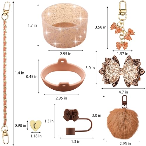 Bling Stanley Cup Accessories for 40oz & 30oz Tumbler including Silicone Cute Bow Straw Topper Cover, Silicone Stanley Cup Boot,Leather Water Bottle Handle Strap, Charms(Brown)