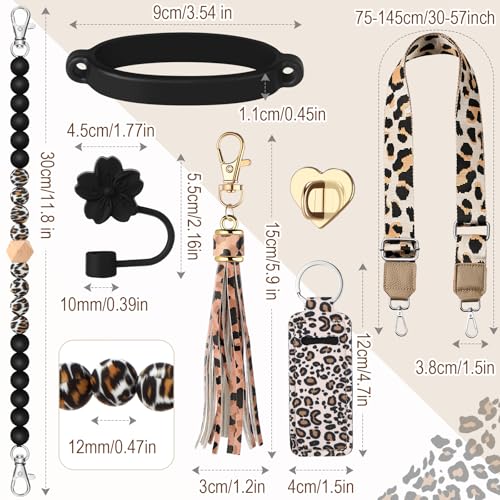 Skylety 7 Pcs Leopard Silicone Cup Accessory Set Compatible with Stanley Cup Leopard Beaded Bottle Strap Carrying Strap Lipstick Holder Tassel Charm Straw Cover Bottle Ring 8-40 oz Tumbler(Black)