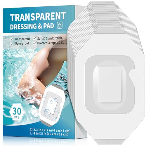 Geiserailie 30 Pack Transparent Film Dressing with Pad, Waterproof Adhesive Bandages, Wound Cover Patches, Clear Barrier Film for Showering, Swimming, Tattoo(2.36 x 2.76 Inches)