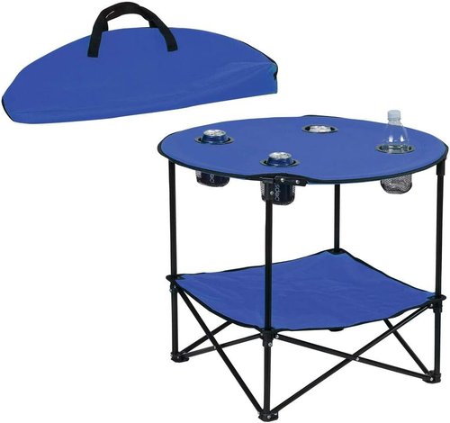 2-Tier Folding Camping Table with 4 Cup Holders - Compact & Portable Black Side Table