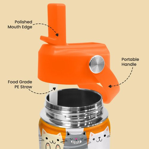 Cat Water Bottle - Kids Water Bottle with Straw Lid - 12 Oz Insulated Stainless Steel Water Bottles for Kid Boys Girl - Travel Cup for School Sports