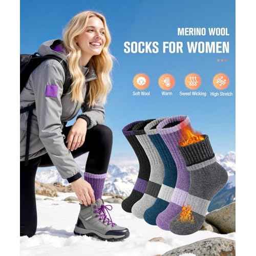 BESTENA 5 Pairs Merino Wool Socks for Women Hiking Socks Thermal Warm Winter Sock Women Crew Cushion Work Boot Outdoor Socks