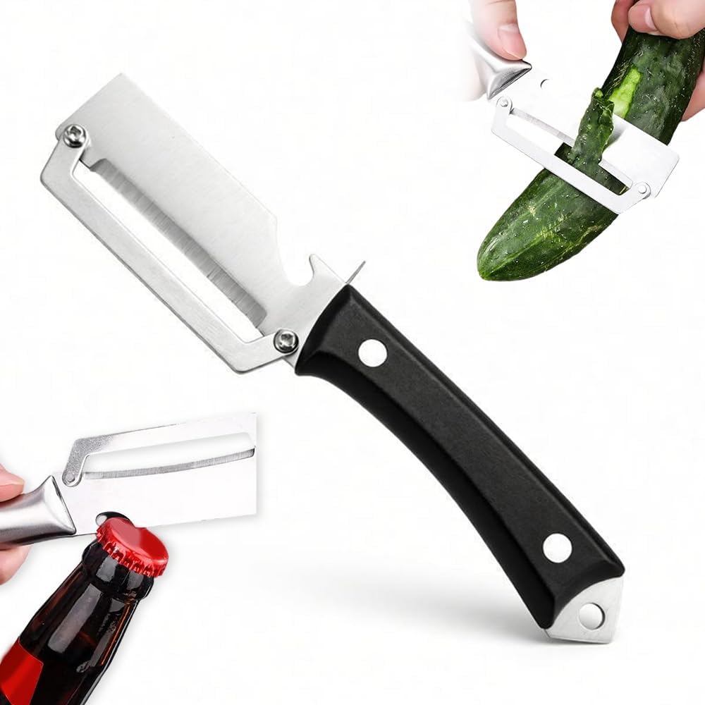 Skiennix Multi-Functional Vegetable Peeler - 2-in-1 Stainless Steel Fruit & Bottle Opener, Black