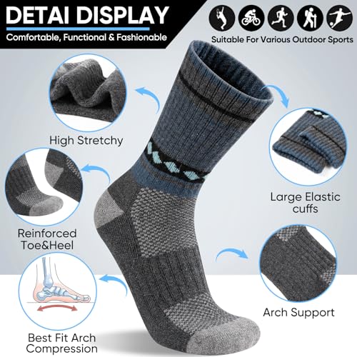 Merino Wool Hiking Socks for Men Moisture Wicking Cushion Thermal Warm Winter Crew Outdoor Boot Socks(5 Pairs)