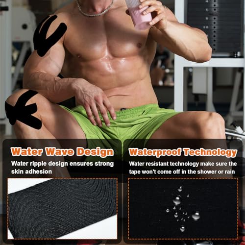 Kinesiology Tape for Knees & Shoulder -2 Rolls Elastic Athletic Sports Tape for Knee Pain Relief, Muscle Strain Relief, Joint Support & Plantar Fasciitis, Waterproof, Breathable & Zero Latex, Black