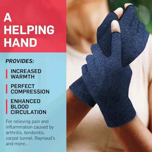 Dr. Arthritis Essentials Open-Fingertip Arthritis Gloves, Compression Gloves for Carpal Tunnel & Raynaud's, Hand Brace (Navy, Medium)