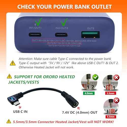 Heated Jacket Battery Step-up Adapter Charger for ORORO Heated Jackets and Vests (Black, USB C to DC)
