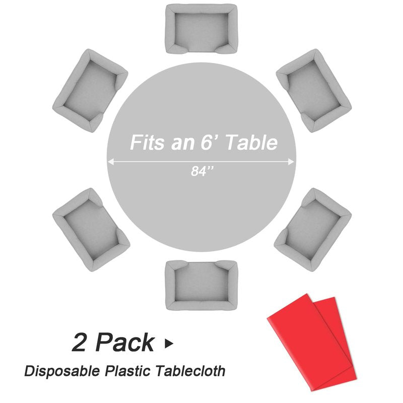 QIKSION Red Round Tablecloth 2 Pack, 84 Inch Plastic Table Cover Disposable for Parties