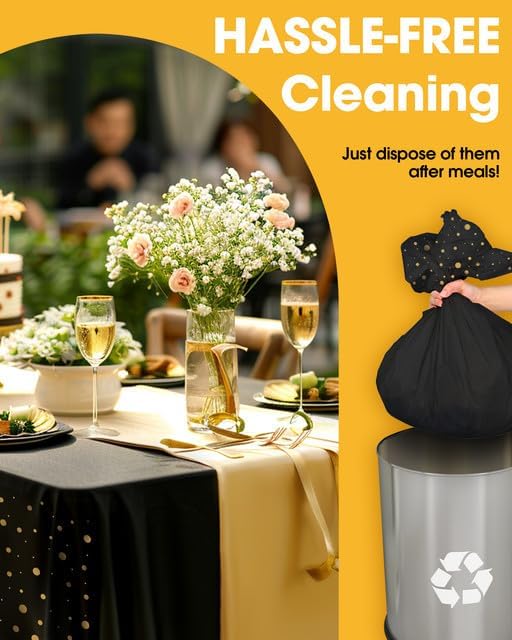 Niuara Table Cloth Set - Black & Gold Disposable Rectangle Table Cover & Runner | 3+3 Pack for Events
