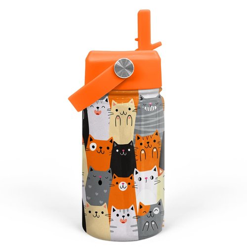 Cat Water Bottle - Kids Water Bottle with Straw Lid - 12 Oz Insulated Stainless Steel Water Bottles for Kid Boys Girl - Travel Cup for School Sports