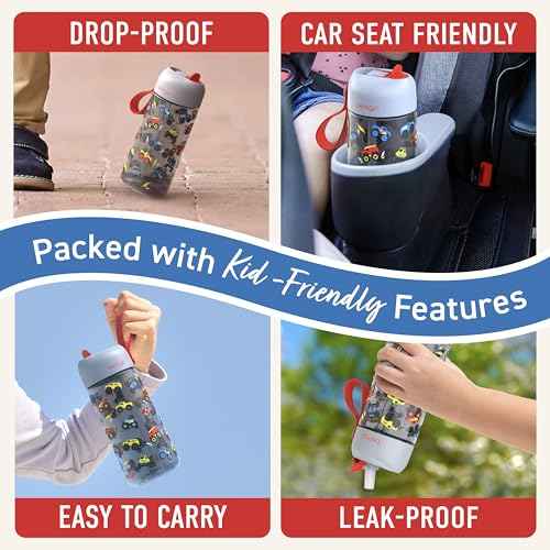 Bentgo Kids Water Bottle - Leak-Proof, Durable Tritan, BPA-Free 15 oz. Cup for Kids/Toddlers Ages 3+, Safe Sip Spout, Carrying Handle, & Dishwasher Safe for School, Sports, Daycare & Camp (Trucks)