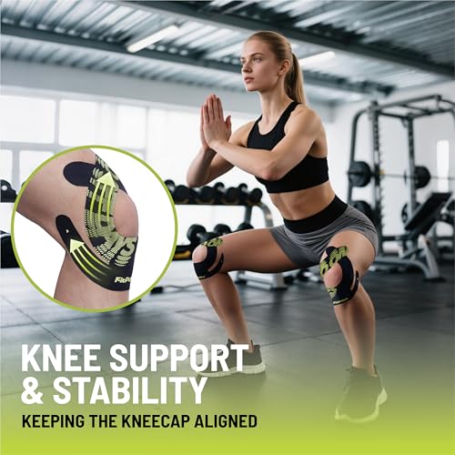 Motion Precut Kinesiology Tape for Knees, 10 Pcs Ultra-Sticky Adhesive Synthetic Knee Tape, Pain Relief & Knee Support, Latex-Free Elastic Athletic Tape, Jet Black