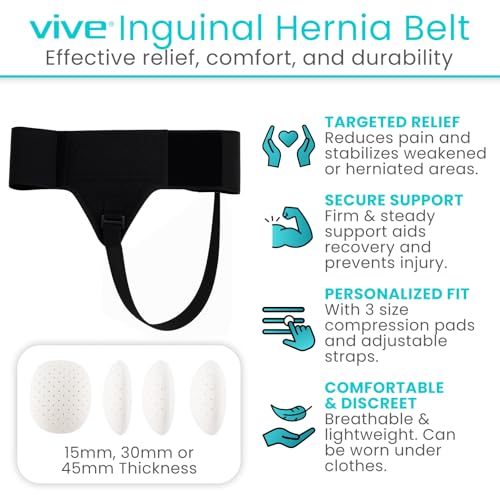 Vive Inguinal Hernia Belt for Men & Women - Left or Right Groin Support Truss for Targeted Compression, Pain Relief, Comfort, Pre & Post Surgery, Injury Recovery - 3 Removable Pressure Pads and Splint (Black)