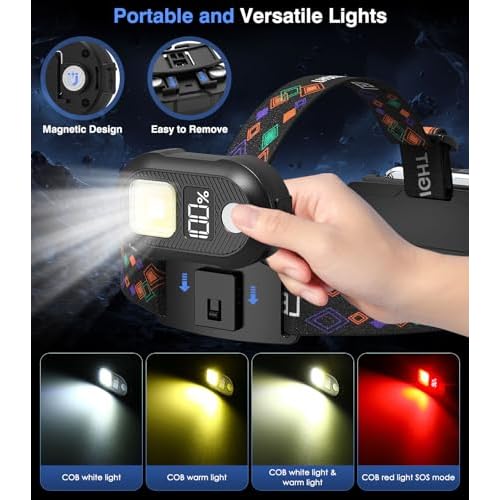 MoKo Rechargeable Headlamp, 3-in-1 2500 High Lumens Head Lamp with 9 LED, 13 Modes IP44 Waterproof LED Headlamp with 3 Color Temps, Running Headlight for Camping, Cycling, Hiking, Fishing, Black