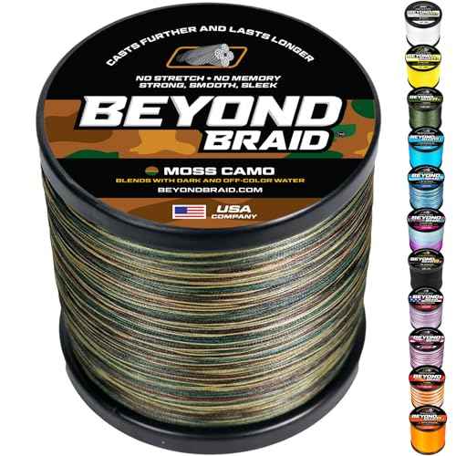 Beyond Braid Braided Fishing Line -Super Strong - Abrasion Resistant - No Stretch -Blue Camo, Moss Camo, White, Green, Pink, Blue, 4 Strand 8 Strand