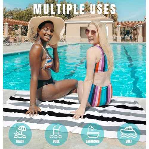 cabanana Large Oversized Beach Towel - Microfiber Sand Free 35 x 70 Inch Quick Dry Lightweight Pool Towel for Adults, Thin Striped Swim Towel (Black)