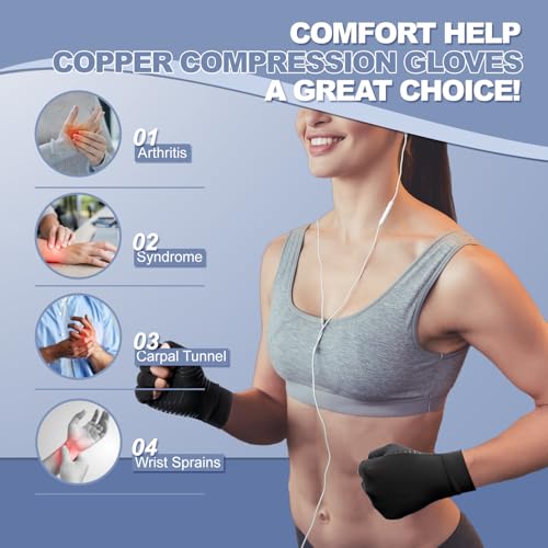 DRNAIETY 2 Pairs Copper Arthritis Compression Gloves for Women and Men, for Arthritis Hand Pain, Anti-Slip, Fingerless, Comfortable for Work, Kept in Motion (Medium)