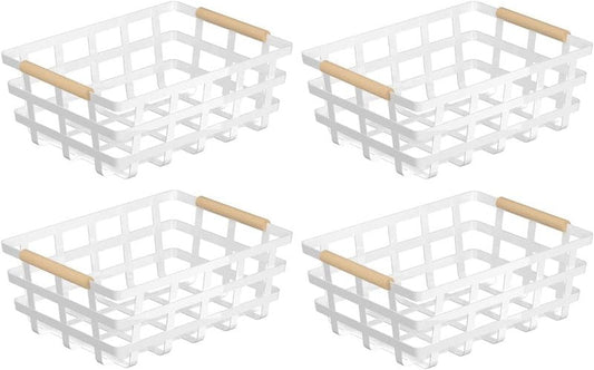 4 Pack Large Metal Storage Baskets, Farmhouse Baskets, Pantry Organizer Baskets with Wood Handle, Metal Baskets Bins for Kitchen Pantry Shelf Cabinets, White