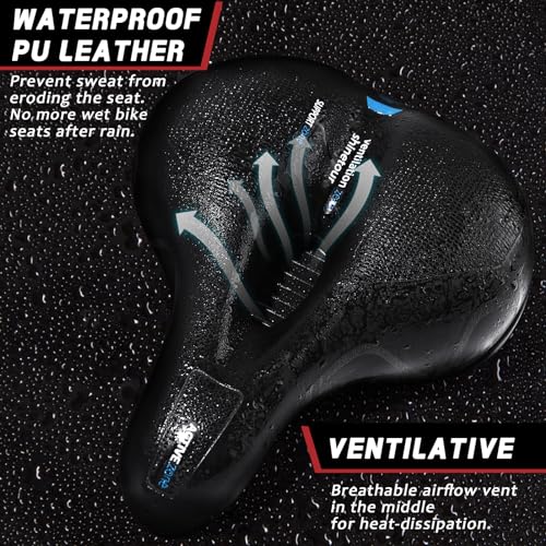 Comfortable Bike Seat, Bike Saddle with Memory Foam Padded, Wide Bicycle Seat with Dual Shock Absorbing and Night Reflective Strips for Men Women