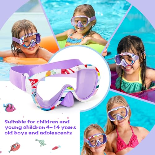 Kids Swim Goggles with Nose Cover, 180¡Æ Panoramic Snorkel Mask with Anti-Fog & Anti-Leak Design, Comfort Fabric Strap UV Protection Lens for Boys Girls Ages 3-15