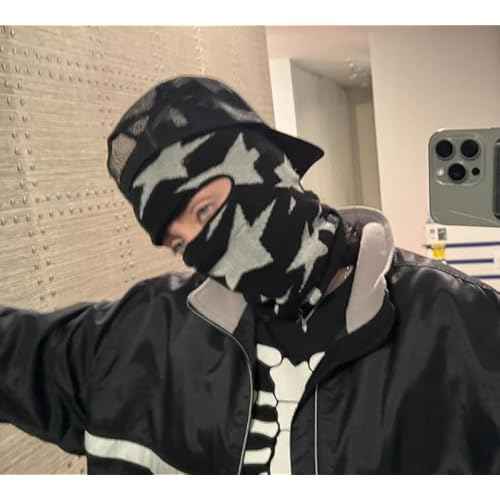 Punk Balaclava Ski Mask Y2K Star Full Face Mask Singer Merch Knitted Face Cover for Women Men Winter Outdoor Sports Black