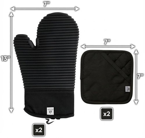 Extra Long Silicone Oven Mitts and Pot Holders Sets | Heat Resistant 500°F BPA-Free Food Grade Silicone Hot Pads & Kitchen Mittens | 4-Piece Set of Oven Gloves & Potholders for Kitchens.