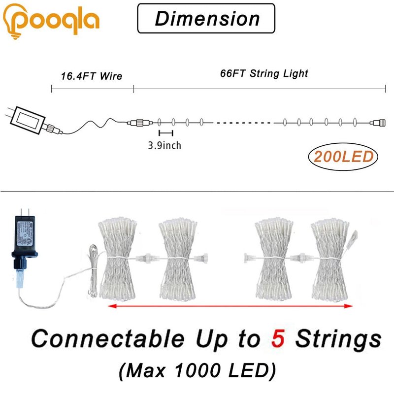 Warm White String Lights Outdoor Christmas Decoration, 66 ft 200 LED Christmas Lights Plug in, Indoor Connectable 8 Modes Clear Wire Twinkle Fairy String Lights for Xmas Tree Bedroom Holiday Party