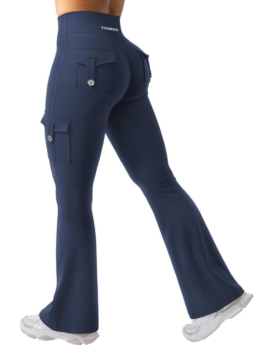 YEOREO CoreFlex Women Workout Flare Leggings with Pockets Hidden Scrunch High Waisted Cargo Gym Yoga No Front Seam Leggings Blue Navy XS