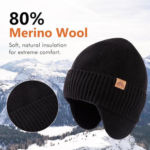 TOP-EX DryKnit¢â Unisex 80% Merino Wool Waterproof Beanie with Ear Flap Warm Winter Fleece Lined Beanie Hat M/L/XL