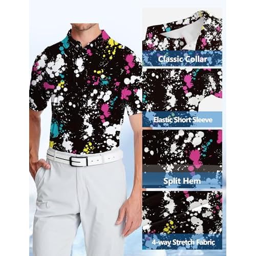 Golf Shirts for Men Printed Performance Moisture Wicking Short Sleeve Dry Fit Polo Shirts