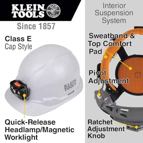 Klein Tools 60107RL Hard Hat, Rechargeable Headlamp, Non-vented, Cap Style, Padded Self-Wicking Odor-Resistant Sweatband, Tested up to 20kV, White
