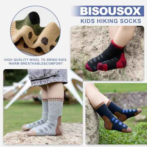 BISOUSOX Kids Wool Socks Boys Socks 10-12 Years Old Soccer Baseball Youth 6-8 Thermal Hiking Boot Crew Cushion Sock Gift