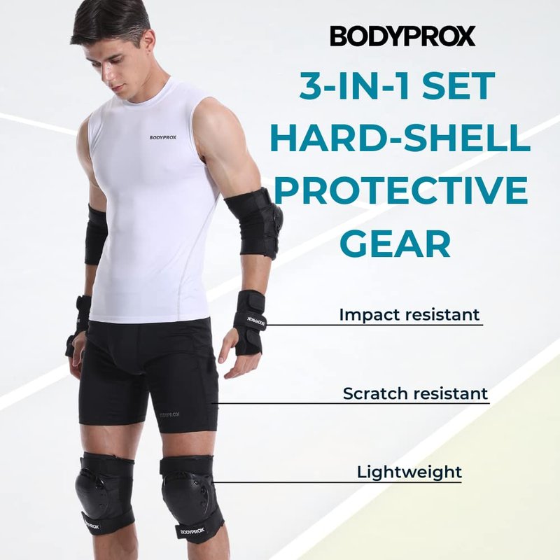BODYPROX Knee Pads Elbow Pads Wrist Guards Set for Skateboarding, Roller Derby, BMX Ride, and Inline Skating (Medium)