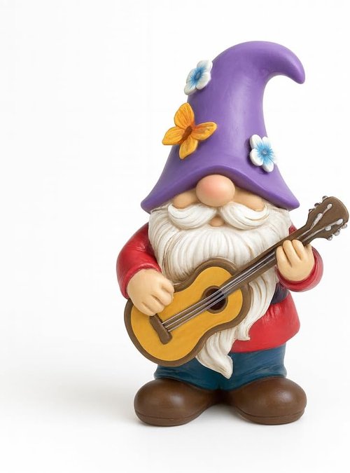 GoGnome Musical Gnome Figurine - Handcrafted 6.2" Tall Garden Decoration with Guitar, Purple Hat & Flowers