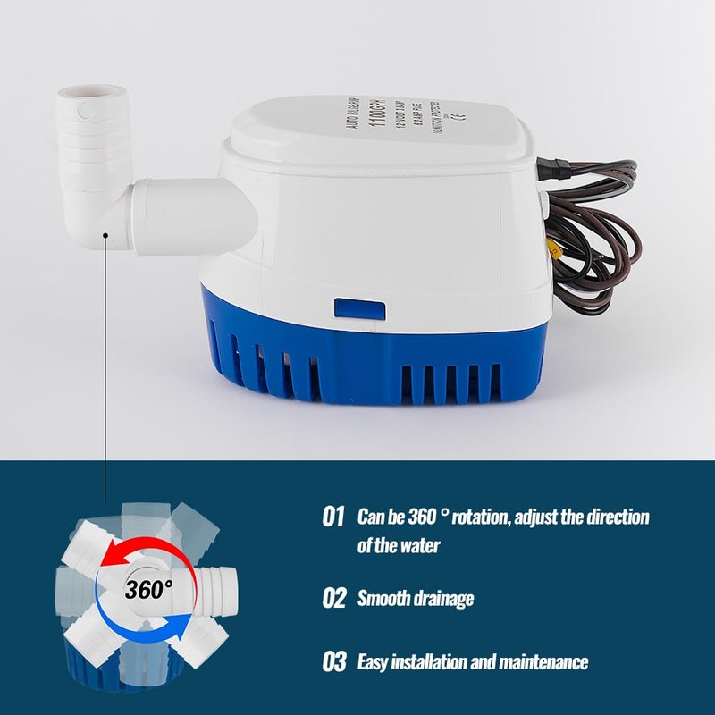 Automatic 12V 1100GPH Marine Bilge Pump with Built-in Float Switch – Auto On/Off Submersible Boat Water Pump, 1-1/8" (29mm) Outlet for Efficient Bilge Water Removal on Boats & Yachts